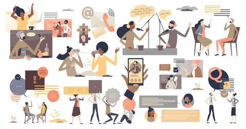 Conversation and communication with talking and chat tiny person collection Stock Illustration