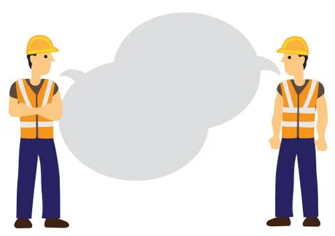 Conversation between two construction workers with empty speech bubble. Stock Illustration