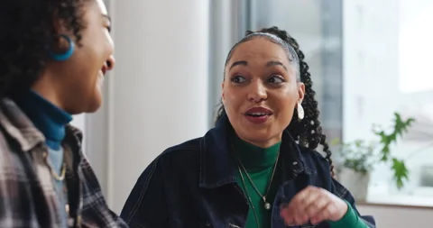 Conversation, business and women in office, smile and feedback for news report Stock Footage 314163624