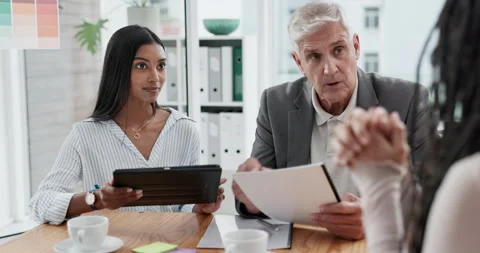 Conversation, ceo and interview with professional people or leader with tablet Stock Footage 246535283
