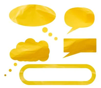 Conversation clouds cut made of yellow crumpled polyethylen on isolated bac.. 库存照片