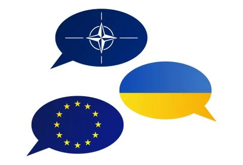 Conversation dialogue bubbles between European Union (EU), North Atlantic Tre Stock Illustration
