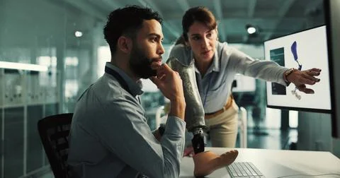 Conversation, screen or people on computer for inclusive research, internet.. Stock Photos