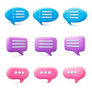Conversation speech bubbles 3d design. Message bubble, different text balloons Illustrazione stock