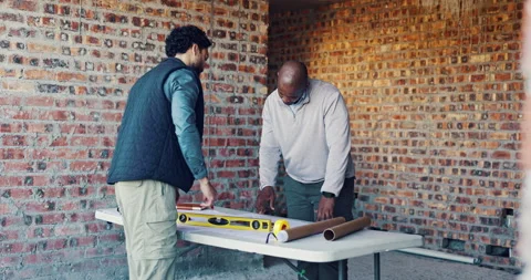 Conversation, team and architect with blueprint for construction, planning or Stock Footage 336778697