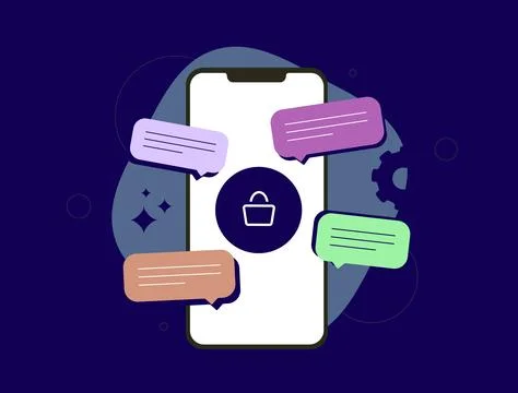 Conversational commerce improves customer engagement through chatbots and Stock Illustration