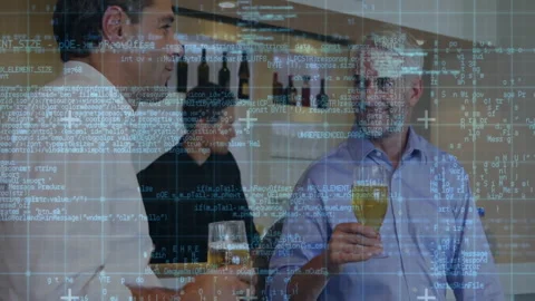 Conversing over drinks, business professionals with programming code overlay in Stock Footage 303419581