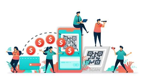 Conversion from conventional transaction using banknote or money to digital w Stock Illustration