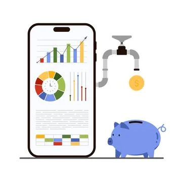 Conversion of financial analytics, analysis of data report into money on phone Stock Illustration
