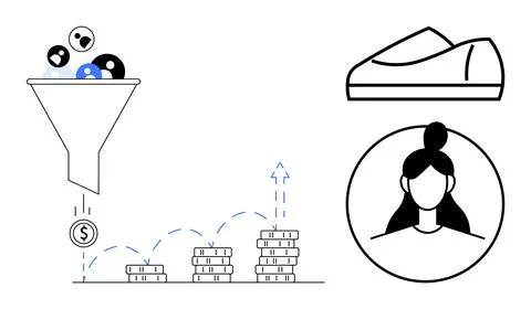Conversion Funnel, Customer Growth, Financial Gain, and Personalized Market.. Stock Illustration