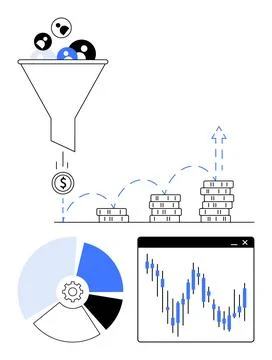 Conversion funnel directs diverse users to dollar sign, leading to growing st Stock Illustration