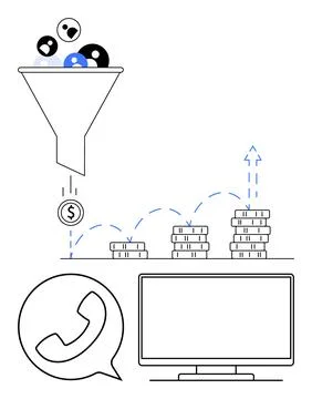 Conversion funnel filtering people into sales revenue, leading to stacks of m Stock Illustration