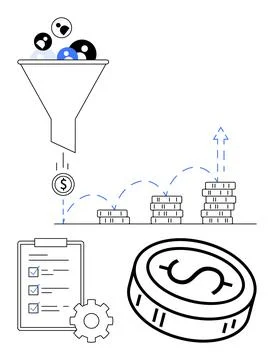 Conversion Funnel Process with Revenue Growth Shown by Increasing Stacks of.. Illustrazione stock