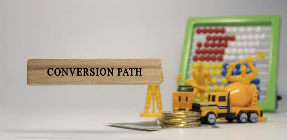 Conversion path was written on wood. Money and business machines in the backg Stock Photos