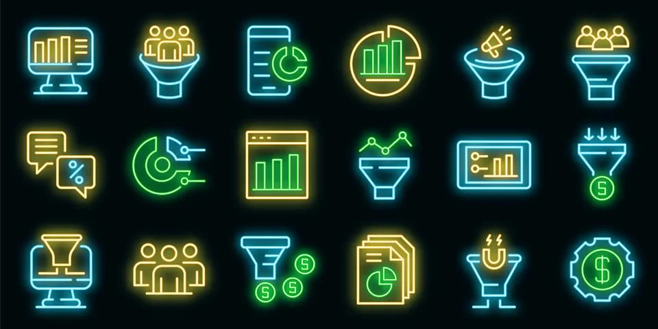 Conversion rate icons set vector neon Stock Illustration