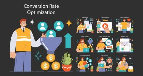Conversion Rate Optimization set. Experts analyzing website Stock Illustration