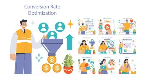 Conversion Rate Optimization set. Experts analyzing website performance. 스톡 일러스트