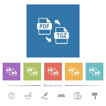 Convert PDF to TGZ flat white icons in square backgrounds Stock Illustration