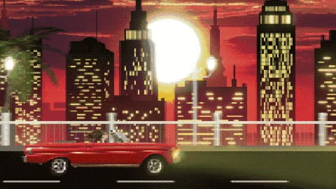 A convertible rides against the backdrop of a metropolis in 8-bit graphics. Stock Footage 287257749