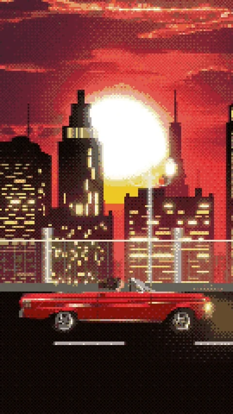A convertible rides against the backdrop of a metropolis in 8-bit. 9:16 format. Stock Footage 304664875