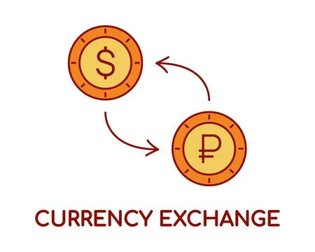 Converting Dollar to Ruble. Coins with arrows in a circle. Text Currency Ex.. Stock Illustration