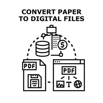 Converting paper documents to digital file system Stock Illustration