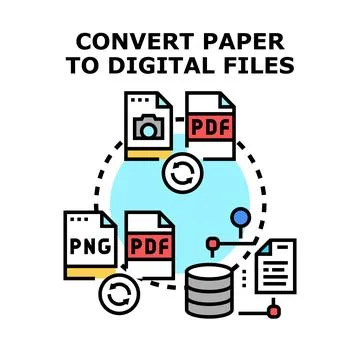 Converting paper documents to digital files process Stock Illustration