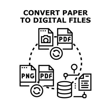 Converting paper documents to digital files process Stock Illustration