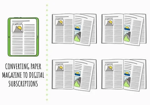 Converting paper magazine to digital subscriptions. Change single-use disposa Stock Illustration