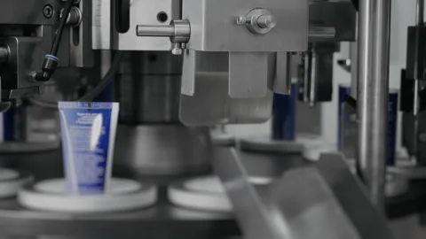 Conveyor for automatic production of hand and body cream. Stock Footage 306577283