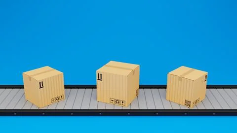 Conveyor belt with 3D cardboard boxes on blue background, Cargo service 스톡 일러스트
