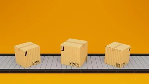 Conveyor belt with 3D cardboard boxes on yellow background, Cargo service 스톡 일러스트