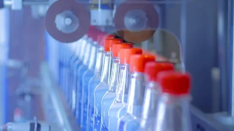 Conveyor belt of bottle labeling machine with empty plastic bottles Stock Footage 343882703