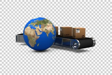 Conveyor belt with boxes by globe 写真素材