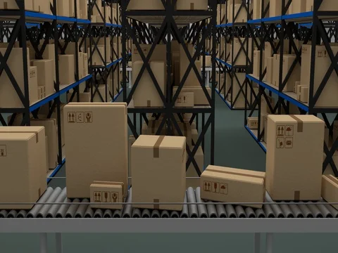 Conveyor belt with carton boxes inside  warehouse. Seamless 3d animation Stock Footage