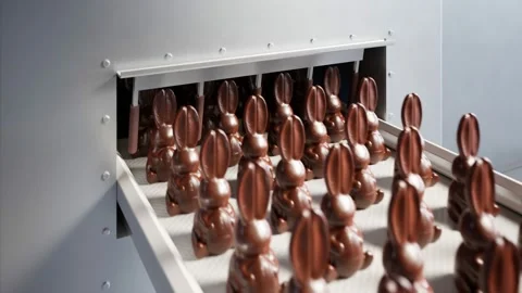 Conveyor belt with chocolate easter bunnies. Production line of sweet dessert. Stock Footage 202285014