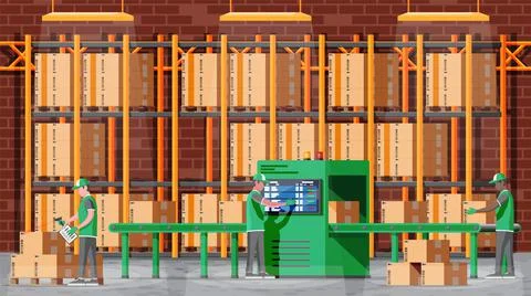 Conveyor belt machine concept in warehouse. Stock-Illustration