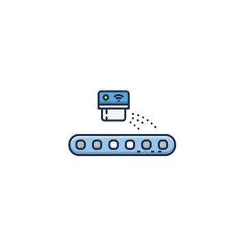 Conveyor belt with machine dispensing items icon with represents production Stock Illustration