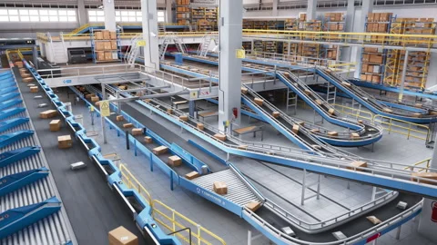 Conveyor Belt with Packages in Mail Sorting Center Stock Footage 252064185