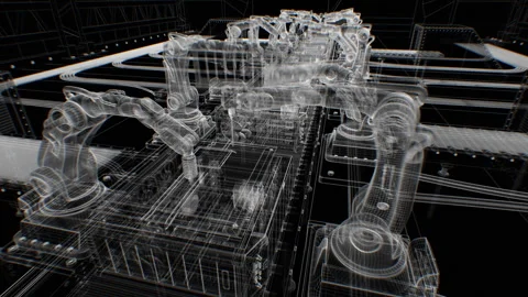 Conveyor Belt, Robotic Arms Assembling Computers Grid Blueprint Loop 3d Stock Footage 310133620