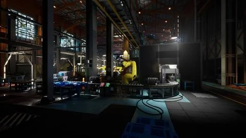 Conveyor belt with robotic arms operating in a busy factory at night Illustration