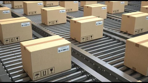 Conveyor belt with rows of cardboard boxes. Dekivery, warehouse or production Stock Footage 122696003