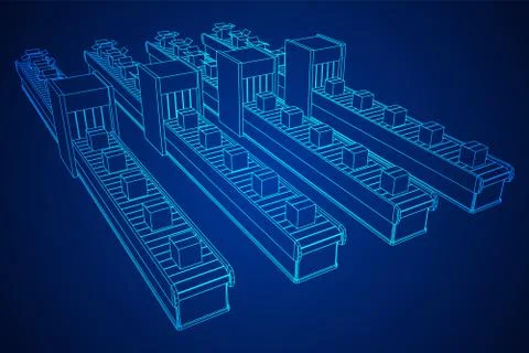 Conveyor belt section with open boxes Illustrazione stock