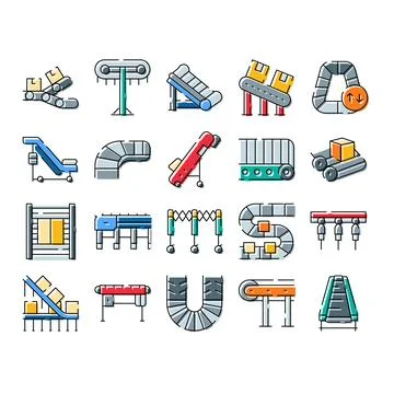 Conveyor belt systems icons for logistics and manufacturing Stock Illustration