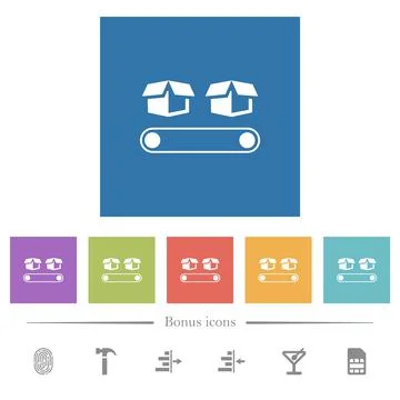 Conveyor with boxes flat white icons in square backgrounds Stock Illustration