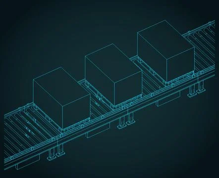 Conveyor with boxes on pallets isometric blueprint Stock Illustration