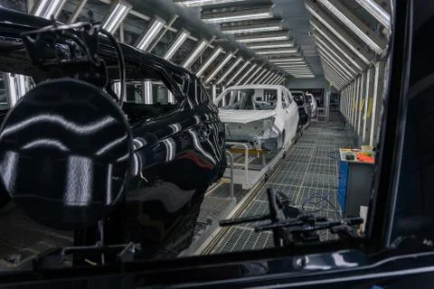 The conveyor car frame. Preparing for the Assembly of cars at the car factory Stock Photos