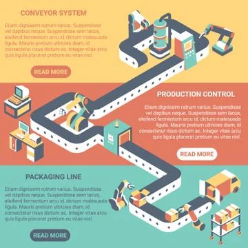 Conveyor concept vector flat isometric horizontal banner set Stock Illustration