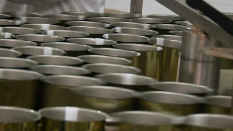 Conveyor at a dairy factory. Empty cans are moving along the assembly line Stock Footage 102654642