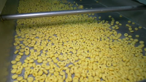 Conveyor for dry breakfast in the form of rings. 2 Shots. Stock Footage 205873246